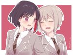 2girls absurdres aoba_moca bang_dream! black_hair blazer blush border brown_necktie closed_eyes collared_shirt commentary_request diagonal-striped_clothes diagonal-striped_necktie grey_hair grey_jacket hair_between_eyes hami_ts haneoka_school_uniform highres jacket looking_at_another mitake_ran multicolored_hair multiple_girls necktie open_mouth outline partial_commentary red_background red_eyes redhead school_uniform shirt short_hair signature streaked_hair striped_clothes thai_commentary upper_body white_border white_outline white_shirt 