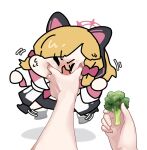  animal_ear_headphones animal_ears blonde_hair blue_archive bow broccoli cat_ear_headphones chibi fake_animal_ears food hair_bow halo headphones momoi_(blue_archive) necktie open_mouth pink_halo sechi_(sechihyeo) short_hair siblings twins vegetable 