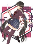  1girl alternate_color alternate_costume black_footwear brown_hair danganronpa_(series) danganronpa_v3:_killing_harmony from_side hair_ornament hair_scrunchie harukawa_maki highres holding holding_knife knife long_hair looking_at_viewer looking_to_the_side low_twintails miniskirt mole mole_under_eye multicolored_background open_mouth red_eyes red_shirt red_thighhighs scrunchie shirt shoes skirt solo space_print starry_sky_print thigh-highs twintails udzuki_kanae white_background zettai_ryouiki 