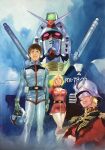  1980s_(style) 1girl 2014 2boys amuro_ray char_aznable character_name concept_art dated earth_federation_space_forces gundam helmet highres mask mecha military_uniform mobile_suit mobile_suit_gundam multiple_boys official_art painting_(medium) pilotsuit retro_artstyle robot rx-78-2 sayla_mass scan science_fiction siblings signature spacesuit traditional_media uniform unworn_headwear unworn_helmet v-fin yasuhiko_yoshikazu zeon 