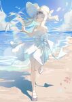  1girl absurdres arm_up beach bow clouds dress firefly_(honkai:_star_rail) floating_hair full_body highres honkai:_star_rail honkai_(series) hua_(yijing) long_hair looking_at_viewer ocean outdoors sash shoes solo summer sundress waist_bow white_bow white_dress white_eyes white_footwear white_hair white_sash 
