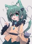  1girl :d ahoge animal_ear_fluff animal_ears black_bow black_bowtie blouse blush bow bowtie buttons cat_ears cat_tail commentary diamond_button fang frilled_sleeves frills green_eyes green_hair green_skirt grey_background hair_between_eyes hair_bow hair_ornament hairclip hand_up heart heart_ahoge heart_of_string highres kemonomimi_mode komeiji_koishi long_sleeves looking_at_viewer mr.turtle_head open_mouth paw_pose shirt short_hair simple_background skin_fang skirt smile tail third_eye tongue touhou wide_sleeves yellow_shirt 