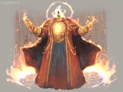  1other armored_gloves bottle burning cape fire_halo food full_body gold_trim halo headless original red_cape red_robe robe royal_robe sausage skeleton souperior twitter_username 