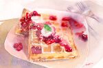 food food_focus fork fruit knife marine-island no_humans original plate strawberry table waffle whipped_cream 