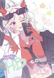  2girls alternate_costume ambience_synesthesia anger_vein arknights arm_around_shoulder black_hair black_necktie colored_skin dragon_girl dragon_horns dusk_(arknights) eyewear_on_head gradient_skin green_skin heart holding holding_phone horns kemono_(fukanasumi) multicolored_hair multiple_girls necktie nian_(arknights) one_eye_closed phone pointy_ears red_horns red_skin selfie siblings sisters spoken_anger_vein streaked_hair violet_eyes white_hair 
