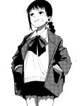  1girl blazer bow bowtie braid clenched_teeth cowboy_shot greyscale hands_in_pockets highres jacket lapels long_sleeves looking_up monochrome natuya_(natuya2014) open_clothes open_jacket original school_uniform simple_background skirt solo sweat sweater_vest teeth 
