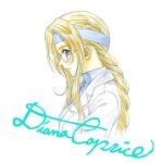  1girl blonde_hair blue_eyes braid buttons coat collar collared_coat cursive diana_caprice english_text from_side glasses highres lab_coat light_blue_collar light_blue_headband long_hair looking_at_viewer mandarin_collar matsubara_hidenori maxi_shirt nose official_art parted_lips rimless_eyewear sakura_taisen sakura_taisen_v signature simple_background single_braid solo solo_focus third-party_source traditional_media white_background white_coat white_collar white_sleeves 