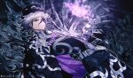  1boy belt black_fire black_gloves black_hair cape cracked_skin cross-shaped_pupils edmond_dantes_(fate) fate/grand_order fate_(series) fedora fire flaming_hand gloves gradient_hair grey_hair half_mask hat highres long_sleeves looking_at_viewer male_focus mask multicolored_hair purple_cape purple_fire red_eyes reluvy solo symbol-shaped_pupils the_count_of_monte_cristo_(fate) twitter_username 