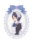  1girl absurdres alternate_costume apron back_bow black_hair black_shirt bleach blue_ribbon blush bow closed_eyes commentary_request enmaided frilled_hairband frills from_side hair_between_eyes hair_ribbon hairband highres juliet_sleeves kuchiki_rukia long_sleeves maid maid_apron neck_ribbon parted_lips profile puffy_sleeves ribbon rinner373 shirt short_hair simple_background solo upper_body white_apron white_background white_bow white_hairband 