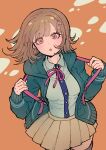  1girl absurdres black_thighhighs blush breasts brown_hair collared_shirt danganronpa_(series) danganronpa_2:_goodbye_despair from_above green_jacket green_shirt highres hood hood_down hooded_jacket jacket large_breasts looking_at_viewer looking_up medium_hair nanami_chiaki open_clothes open_jacket pink_eyes pink_ribbon pleated_skirt ribbon shirt skirt solo thigh-highs youko-shima 