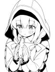  1girl atsuko_(blue_archive) blue_archive blush braid closed_mouth eating food greyscale hair_between_eyes holding holding_food hood hood_up hooded_jacket jacket long_hair long_sleeves monochrome seramikku simple_background smile solo twin_braids upper_body white_background 