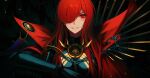  1girl bad_id bad_pixiv_id black_bodysuit bodysuit cape chain collared_cape crest family_crest fate/grand_order fate_(series) gloves hair_over_one_eye highres inho_song long_hair looking_at_viewer oda_nobunaga_(fate) oda_nobunaga_(maou_avenger)_(fate) popped_collar red_cape red_eyes redhead smile solo teeth 