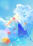  1girl absurdres animal basho blue_sky clouds cloudy_sky commentary day dress fish highres jellyfish long_hair ocean original outdoors sky solo water whale wide_shot 