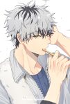  1boy absurdres blue_shirt bokuto_koutarou brushing_teeth character_name dilated_pupils grey_hair grey_jacket haikyuu!! hand_on_own_head highres holding holding_toothbrush jacket kwonrugger long_sleeves looking_at_viewer male_focus multicolored_hair shirt solo sparkle_background toothbrush two-tone_background two-tone_hair yellow_eyes 