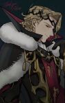  1boy absurdres aristocratic_clothes armor black_armor black_background blonde_hair circlet commission fire_emblem fire_emblem_fates fur_trim highres looking_at_viewer male_focus misokatsuhaumai red_eyes siblings xander_(fire_emblem) xander_(gallant_king)_(fire_emblem) 