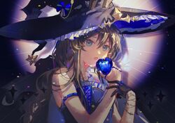  1girl ambience_synesthesia amiya_(arknights) apple arknights black_gloves blue_apple blue_bow blue_eyes bow brown_hair dress eyelashes food fruit gloves hair_between_eyes hand_up hat highres holding holding_food holding_fruit jewelry large_hat light long_hair looking_at_viewer off-shoulder_dress off_shoulder open_mouth ring sidelocks single_glove sleeveless sleeveless_dress solo sparkle star_(symbol) strapless strapless_dress tattoo two-sided_fabric upper_body witch_hat xuegao_tu_ke 