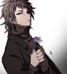  1boy black_jacket brown_hair brown_sweater commentary_request flower gradient_background hand_up harada_minoru holding holding_flower jacket long_sleeves male_focus medium_hair open_clothes open_jacket parted_bangs purple_flower red_eyes saibou_shinkyoku shinonogi simple_background solo sweater upper_body 