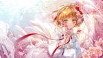  1girl antenna_hair blush brown_hair cardcaptor_sakura cherry_blossoms dress flower green_eyes hair_ornament hieihirai highres kinomoto_sakura looking_at_viewer neck_ribbon parted_lips pink_flower red_ribbon ribbon short_hair solo upper_body white_dress 