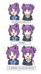  2girls :d arknights black_jacket black_shirt blue_shirt bright_pupils chibi hand_up hibiscus_(arknights) highres horns index_finger_raised jacket lava_(arknights) looking_at_viewer multiple_girls multiple_views necktie open_mouth purple_hair shirt short_hair siblings simple_background sisters smile tofudofu twintails violet_eyes white_background white_pupils 