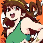  1girl bo_staff brown_hair brown_tail circlet dress green_dress highres monkey_girl monkey_tail open_mouth orange_background red_eyes ruyi_jingu_bang shishi_(kuroear99) single-shoulder_dress solo son_biten tail teeth test_tube touhou upper_body upper_teeth_only 