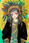  1other alternate_costume androgynous blue_eyes cotori_(globule) facepaint facial_mark feathers forehead_mark gnosia green_eyes green_hair headdress highres long_sleeves looking_at_viewer makeup native_american_headdress other_focus raqio short_hair simple_background solo upper_body 