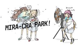  3girls 524ryo ahoge anyoji_hime aqua_footwear aqua_neckerchief bangs_blown_up black_ribbon blonde_hair blue_dress blue_hair blunt_bangs brown_hair dress electric_fan fang floating_hair flower fujishima_megumi full_body gradient_hair group_name hair_flower hair_ornament hair_over_face hair_ribbon hasu_no_sora_school_uniform highres hood hooded_jacket hot jacket jitome light_blue_hair link!_like!_love_live! long_hair love_live! medium_dress mira-cra_park! multi-tied_hair multicolored_hair multiple_girls neckerchief open_clothes open_jacket open_mouth osawa_rurino pink_flower pink_hair pleated_dress ponytail puffy_short_sleeves puffy_sleeves red_footwear red_neckerchief ribbon sailor_collar sailor_dress school_uniform shoes short_sleeves sidelocks simple_background skin_fang standing summer_uniform sweat swept_bangs translation_request twintails two-tone_footwear uwabaki v-shaped_eyebrows very_long_hair virtual_youtuber white_background white_footwear white_jacket white_mouth white_sailor_collar yellow_footwear yellow_neckerchief 