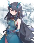  aqua_dress arknights black_hair blue_skin china_dress chinese_clothes colored_skin dragon_girl dragon_horns dress dusk_(arknights) dusk_(everything_is_a_miracle)_(arknights) earrings gradient_skin green_horns highres horns jewelry long_hair multicolored_hair pointy_ears red_eyes sleeveless sleeveless_dress streaked_hair tassel tassel_earrings yachioni 
