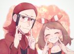  1boy 1girl blush bow_hairband brown_hair closed_eyes closed_mouth collarbone commentary_request eyelashes glasses grin hairband hands_up highres hime_(himetya105) index_fingers_raised long_hair maxie_(pokemon) may_(pokemon) medium_hair pokemon pokemon_oras red_eyes red_hairband red_sweater redhead ribbed_sweater shirt sleeveless sleeveless_shirt smile star_(symbol) sweater teeth 