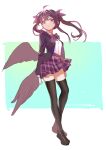  1girl absurdres ahoge black_footwear black_hair black_jacket black_thighhighs blazer bow bowtie breasts brown_wings closed_mouth commentary_request expressionless feathered_wings full_body hair_bow highres himekaidou_hatate jacket kanta_(pixiv9296614) leaning_back loafers long_hair looking_at_viewer medium_bangs open_clothes open_jacket plaid plaid_bow plaid_bowtie plaid_skirt pointy_ears purple_bow purple_bowtie purple_skirt shirt shoes sidelocks skirt small_breasts solo thigh-highs touhou twintails white_background white_shirt wings 