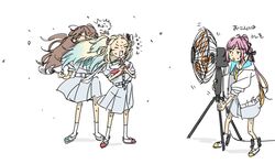  3girls 524ryo ahoge anyoji_hime aqua_footwear aqua_neckerchief bangs_blown_up black_ribbon blonde_hair blue_dress blue_hair blunt_bangs brown_hair dress electric_fan fang floating_hair flower fujishima_megumi full_body gradient_hair hair_flower hair_ornament hair_over_face hair_ribbon hasu_no_sora_school_uniform highres hood hooded_jacket hot jacket jitome light_blue_hair link!_like!_love_live! long_hair love_live! medium_dress mira-cra_park! multi-tied_hair multicolored_hair multiple_girls neckerchief open_clothes open_jacket open_mouth osawa_rurino pink_flower pink_hair pleated_dress ponytail puffy_short_sleeves puffy_sleeves red_footwear red_neckerchief ribbon sailor_collar sailor_dress school_uniform shoes short_sleeves sidelocks simple_background skin_fang standing summer_uniform sweat swept_bangs translation_request twintails two-tone_footwear uwabaki v-shaped_eyebrows very_long_hair virtual_youtuber white_background white_footwear white_jacket white_mouth white_sailor_collar yellow_footwear yellow_neckerchief 