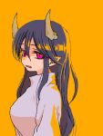  1girl black_hair breasts hair_between_eyes hashimoto_(soukidann2010) horns long_hair long_sleeves looking_at_viewer open_mouth orange_background original red_eyes shirt simple_background solo upper_body white_shirt yellow_background 