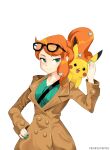  1girl absurdres aqua_eyes aqua_nails aqua_shirt artist_name between_breasts blush_stickers breasts brown_coat coat collarbone crownprince eyewear_on_head hair_ornament hand_on_own_hip heart heart_hair_ornament highres medium_breasts mouse orange-tinted_eyewear orange_hair pikachu pokemon pokemon_swsh ribbed_shirt shirt side_ponytail solo_focus sonia_(pokemon) strap_between_breasts sunglasses swept_bangs tinted_eyewear upper_body v-neck wavy_hair yellow_fur 