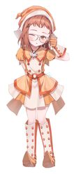  1girl ;o blush boots brown_dress brown_eyes brown_gloves brown_hair brown_hat commentary_request dress earrings forehead fujiwara_hazuki full_body gloves grey-framed_eyewear hand_up hat highres jewelry knee_boots ojamajo_doremi one_eye_closed parted_lips puffy_short_sleeves puffy_sleeves ruda_(ruda_e) short_sleeves simple_background solo standing white_background white_footwear 