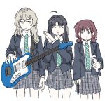  3girls awa_subaru black_hair black_jacket blue_eyes closed_eyes closed_mouth commentary_request cowboy_shot electric_guitar expressionless girls_band_cry green_necktie grey_eyes grey_skirt guitar hair_ribbon highres holding holding_guitar holding_instrument holding_microphone instrument iseri_nina jacket kawaragi_momoka light_brown_hair long_hair long_sleeves microphone multiple_girls necktie odore_(suzukisakana001) open_mouth own_hands_together plaid plaid_skirt plant_roots pleated_skirt redhead ribbon school_uniform shirt short_twintails simple_background skirt smile twintails white_background white_ribbon white_shirt 