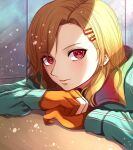  1other androgynous aqua_coat blonde_hair coat fingerless_gloves gloves gnosia hair_between_eyes hair_ornament hairclip looking_at_viewer other_focus red_eyes setsu_(gnosia) short_hair simple_background smile solo turtleneck yozu_(yozu0420) 