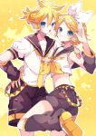  1boy 1girl arm_tattoo belt black_sailor_collar black_shorts blonde_hair blue_eyes crop_top detached_pants detached_sleeves grin hair_ornament hairclip hand_on_another&#039;s_hip hand_on_another&#039;s_shoulder hand_on_own_hip headset highres kagamine_len kagamine_rin kaho_0102 looking_at_viewer neckerchief necktie number_tattoo open_mouth sailor_collar shirt short_hair short_sleeves shorts sleeveless smile standing standing_on_one_leg tattoo vocaloid white_shirt yellow_background yellow_footwear yellow_nails yellow_neckerchief yellow_necktie 