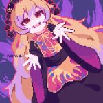  1girl :d artist_name black_dress commentary_request dress futsu_nomal headdress highres junko_(touhou) long_sleeves looking_at_viewer open_mouth orange_hair red_eyes smile solo tabard tassel touhou wide_sleeves 