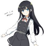  1girl absurdres asashio_(kancolle) asashio_kai_ni_(kancolle) bigkwl black_dress black_hair blue_eyes collared_shirt dated dress dress_shirt highres kantai_collection long_hair long_sleeves looking_at_viewer neck_ribbon one-hour_drawing_challenge pinafore_dress red_ribbon ribbon shirt simple_background sleeveless sleeveless_dress smile solo twitter_username white_background white_shirt 