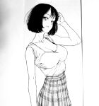  1girl arm_up bad_id bad_pixiv_id black_hair breasts collarbone dende_(dndn222) greyscale highres large_breasts light_smile looking_at_viewer monochrome original plaid plaid_skirt scan scan_artifacts short_hair skirt solo standing tank_top traditional_media 