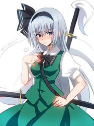  1girl 1other akatsuki_(ggsy7885) black_bow black_bowtie black_hairband blue_eyes blush bow bow_hairband bowtie breasts closed_mouth collared_shirt commentary_request cosplay cowboy_shot ghost green_skirt green_vest grey_hair hair_between_eyes hairband hand_on_own_hip hand_up heterochromia highres hitodama konpaku_youmu konpaku_youmu_(cosplay) konpaku_youmu_(ghost) konpaku_youmu_(ghost)_(cosplay) light_frown long_hair looking_at_viewer luminous_valentine red_eyes rimuru_tempest_(slime) scabbard sheath sheathed shirt short_sleeves simple_background skirt skirt_set small_breasts solo_focus standing tensei_shitara_slime_datta_ken vest white_background white_shirt 