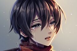  1girl artist_name black_eyes black_hair blue_background brown_background commentary crying crying_with_eyes_open english_commentary gradient_background hair_between_eyes highres light light_particles lips looking_ahead mikasa_ackerman open_mouth red_scarf sad sasucchi95 scarf shingeki_no_kyojin short_hair simple_background solo tears teeth tongue upper_teeth_only 