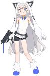  +_+ 1girl :q absurdres animal_ears bare_shoulders bell belt belt_pouch black_shorts blue_eyes bow bowtie cat_ears cat_tail elbow_gloves flat_chest gloves grey_hair gun highres holding holding_gun holding_weapon jingle_bell jiryu50610218 long_hair looking_at_viewer loose_socks neck_bell original pouch shirt short_shorts shorts simple_background smile socks solo submachine_gun tail tongue tongue_out uzi very_long_hair weapon white_background white_shirt 
