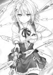  1girl arrow_(projectile) belt braid cowboy_shot frilled_skirt frills greyscale highres holding holding_weapon kudou_ayato last_embryo momoko_(momopoco) mondaiji-tachi_ga_isekai_kara_kuru_sou_desu_yo? monochrome neck_ribbon parted_lips ribbon serious short_hair simple_background skirt solo teeth thigh-highs weapon wing_collar 