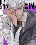  1boy amaguni_hitoya beard_stubble cigarette facial_hair highres holding holding_cigarette hypnosis_mic jacket long_sleeves looking_at_viewer male_focus mature_male multicolored_clothes multicolored_jacket necktie purple_background red_necktie sinmaico smile smoking stubble two-tone_jacket upper_body white_background white_hair 