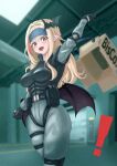  1girl absurdres bandana bat_hair_ornament bat_wings blonde_hair box cardboard_box cosplay fang fyretrck26 hair_ornament highres kou_mariya long_hair low_wings metal_gear_(series) metal_gear_solid mole mole_under_eye open_mouth pink_eyes pointy_ears skin_fang snake_box_sneak sneaking_suit snowing solid_snake solid_snake_(cosplay) solo standing v4mirai virtual_youtuber wings 