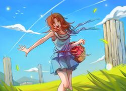  1girl :d ancient_ys_vanished apple arkibk basket blue_dress blue_sky brown_eyes brown_hair clouds commentary dress feet_out_of_frame food frilled_dress frills fruit fruit_basket highres holding holding_basket horizon lilia_(ys) long_hair on_grass outdoors outstretched_arm pillar simple_bird sky smile solo standing ys 