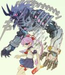  1girl armor blue_eyes blue_skirt cellphone character_name character_request copyright_request dress ghost glowing glowing_eyes holding holding_phone horns humanoid_robot long_hair mechanical_parts nakayama_tooru phone pink_eyes pleated_dress purple_hair robot school_uniform shoulder_armor skirt smartphone thigh-highs twintails white_hair white_thighhighs 