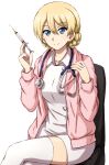  1girl absurdres alternate_costume blonde_hair blue_eyes braid cardigan chair closed_mouth collared_dress commentary crossed_legs darjeeling_(girls_und_panzer) dress girls_und_panzer highres holding holding_syringe looking_at_viewer office_chair omachi_(slabco) on_chair open_cardigan open_clothes pencil_dress pink_cardigan short_dress short_hair simple_background sitting smile solo stethoscope swivel_chair syringe thigh-highs twin_braids white_background white_dress white_thighhighs 