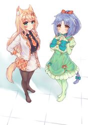  2girls absurdres animal_ear_fluff animal_ears bell belt belt_collar black_pantyhose black_shirt blue_bow blue_hair blush bow breasts buttons cat_ears cat_girl cat_tail cinnamon_(nekopara) closed_mouth collar collared_shirt colored_skin commentary curly_hair dress dress_bow elbow_gloves floppy_ears frilled_dress frills frynyan full_body gloves green_dress green_eyes green_gloves green_thighhighs hair_bow hand_on_own_hip hands_up happy heart_button highres huge_bow jacket jingle_bell large_breasts long_dress long_hair long_sleeves looking_at_viewer maple_(nekopara) multicolored_skin multiple_girls neck_bell necktie nekopara no_shoes official_alternate_costume open_clothes open_jacket open_mouth orange_hair orange_necktie orange_skirt own_hands_together pantyhose parted_bangs plaid_clothes plaid_necktie pleated_skirt ponytail puffy_short_sleeves puffy_sleeves red_bow shirt short_necktie short_sleeves side-by-side sidelocks simple_background skirt slit_pupils smile standing steepled_fingers swept_bangs tail tail_bow tail_ornament thigh-highs two-tone_skin white_background white_belt white_jacket white_skirt yellow_eyes 