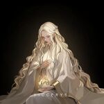  1boy black_background blonde_hair braid closed_eyes elden_ring elden_ring:_shadow_of_the_erdtree head_down highres long_hair malenia_blade_of_miquella robe simple_background sitting solo very_long_hair viccerys white_robe wide_sleeves 